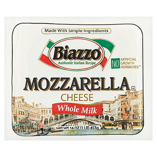 Biazzo Whole Milk Mozzarella Cheese, 16 oz
No artificial growth hormones*
Made with milk from cows not treated with the growth hormone rBST*
*No significant difference has been shown between milk derived from cows treated with artificial growth hormones and those not treated with growth hormones.