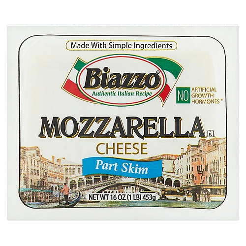 Biazzo Part Skim Mozzarella Cheese, 16 oz
No artificial growth hormones*
Made with milk from cows not treated with the growth hormone rBST*
*No significant difference has been shown between milk derived from cows treated with artificial growth hormones and those not treated with growth hormones.