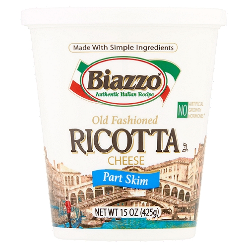 Biazzo Part Skim Old Fashioned Ricotta Cheese, 15 oz
No artificial growth hormones*
*No significant difference has been shown between milk derived from cows treated with artificial growth hormones and those not treated with artificial growth hormones.