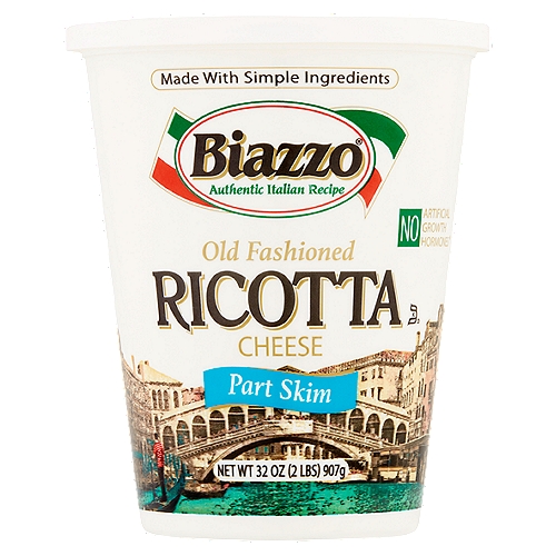 Biazzo Part Skim Old Fashioned Ricotta Cheese, 32 oz
No artificial growth hormones*
*No significant difference has been shown between milk derived from cows treated with artificial growth hormones and those not treated with artificial growth hormones.