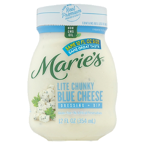 Marie's Lite Chunky Blue Cheese Dressing + Dip, 12 fl oz
Our Lite Chunky Blue Cheese Dressing has 6g of fat & 70 calories per serving.
The leading brand Chunky Blue Cheese Dressing has 18g of fat & 160 calories per serving.

Dip. Bite. Lite? Nice.