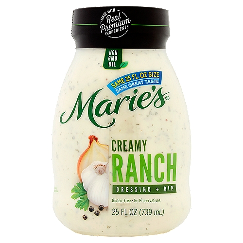Marie's Creamy Ranch Dressing + Dip, 25 fl oz
Dive in. Dunk. Drizzle. Dazzle.

Dial up the deliciousness in all your snacks and entrees.