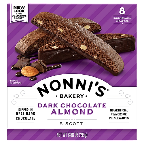 Nonni's Dark Chocolate Almond Biscotti, 8 count, 6.88 oz
Real, Wholesome Ingredients.
Baked by Real Bakers.

Made with real eggs, sugar and butter. Baked twice for a light, crunchy texture that's delicately sweet and satisfying.
