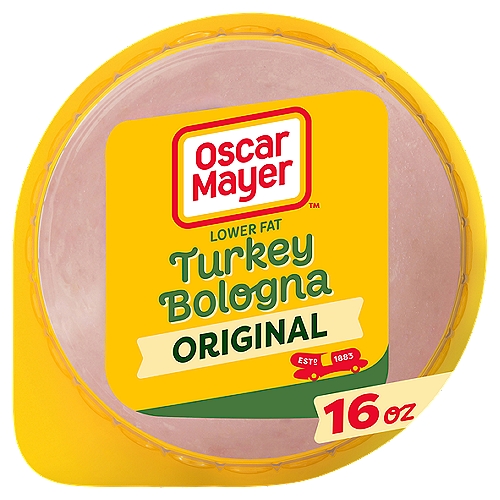 Oscar Mayer Turkey Bologna Sliced Lunch Meat with 50% Lower Fat, 16 oz Pack
Oscar Mayer Turkey Bologna is fully cooked bologna sandwich meat with the rich, classic flavor you know and love. With 50% less fat than USDA data for bologna made with chicken and pork, Oscar Mayer Turkey Bologna slices are always a great choice for making bologna sandwiches at home or at work. Use turkey bologna to make a tasty school or work lunch, or add it to your favorite deli sandwich recipe. Turkey bologna cold cuts are also delicious on a variety of salads or with cheese and crackers. Keep Oscar Mayer Turkey Bologna meat refrigerated in the recloseable 16 ounce package to maintain freshness.

• One 16 oz. pack of Oscar Mayer Turkey Bologna
• Oscar Mayer Turkey Bologna is lower fat bologna meat made with turkey
• Contains 50% less fat than USDA data for bologna made with chicken and pork
• Fully cooked bologna has a rich, classic turkey flavor
• The perfect addition to any cold cut sandwich
• Make a classic turkey bologna sandwich or add a few slices to salads or cheese and crackers
• Keep recloseable package refrigerated to maximize freshness, use within 7 days of opening