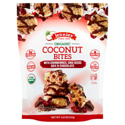 Jennies Organic Coconut Bites with Cranberries, Chia Seeds, Goji & Chocolate, 5.25 oz