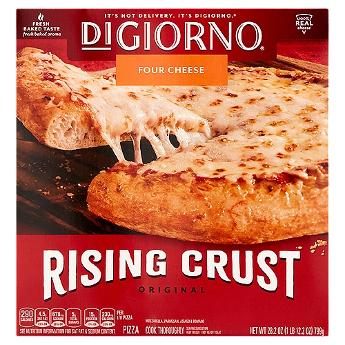12-inch frozen pizza with vine-ripened tomato sauce and Mozzarella, Parmesan, Asiago and Romano cheeses. Softer, chewier self-rising crust. 0 g Trans fat. Preservative free crust.