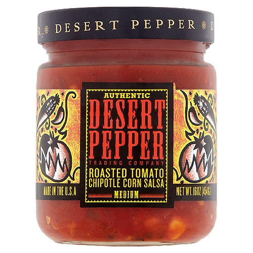 Desert Pepper Medium Roasted Tomato Chipotle Corn Salsa, 16 oz
This salsa's slow-fire-roasted tomatoes glow with the mellow warmth of summer and with the smoky heat of Mexican chipotle chiles. Sweet yellow corn balances the tongue-tingling tastes, filling every jar with the savory soul of the Southwest. Twist the top and shout for joy.