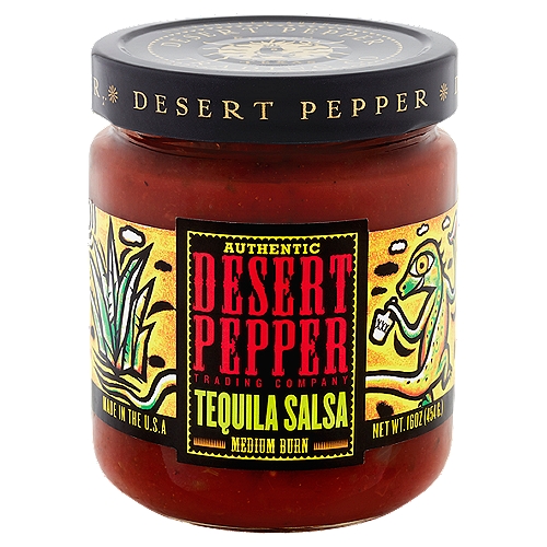 Desert Pepper Trading Company Authentic Medium Burn Tequila Salsa, 16 oz
Salsa & tequila have been smacking our lips forever..now in a prickly concoction of red tomato, fiery chiles, and bright silver tequila a new order has been brought to dipping.
...so, raise your chips and toast to the limits of your taste buds