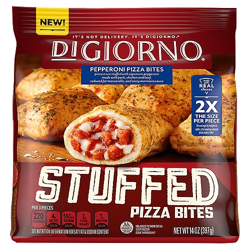 DIGIORNO Stuffed Pep Bites, 14 oz
Pizza Crust Stuffed with Signature Pepperoni Made with Pork, Chicken and Beef, Reduced Fat Mozzarella, and Zesty Marinara Sauce

2x the Size per Piece on average by weight as sold v. the leading national pizza snack rolls*
*A serving (85g) of ours = 3 pieces; theirs = 6 pieces.

DiGiorno® Stuffed Pizza Bites are Perfect for Anytime Snacking and Sharing. Our Bite Size Pizza Snacks have Full Size Flavor. Made with Real Cheese. Buttery Garlic & Herb Seasoned Crust. Zesty Marinara Sauce.
