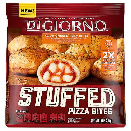 DIGIORNO Stuffed Four Cheese Bites, 14 oz
Pizza Crust Stuffed with Premium Reduced Fat Mozzarella, Parmesan, Asiago and Romano Cheeses and Zesty Marinara Sauce

2x the Size per Piece on average by weight as sold v. the leading national pizza snack rolls*
*A serving (85g) of ours = 3 pieces, theirs = 6 pieces.

DiGiorno® Stuffed Pizza Bites are Perfect for Anytime Snacking and Sharing. Our Bite Size Pizza Snacks have Full Size Flavor. Made with Real Cheese. Buttery Garlic & Herb Seasoned Crust. Zesty Marinara Sauce.