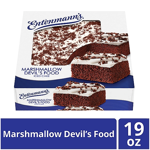 A sinfully good cake with a heavenly Marshmallow frosting. The Entenmann's Marshmallow Iced Devil's Food Cake, is moist and delicious chocolaty cake topped with melt-in-your-mouth marshmallow icing and chocolate cake crumbs.