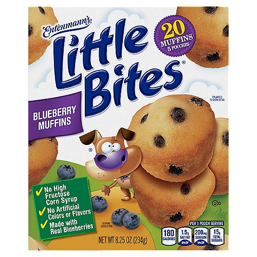 Entenmann's Little Bites Blueberry Muffins, 20 count, 8.25 oz
Tasty little muffins that pack a big blueberry taste, sized perfectly for your lunchbox or snack. Made with Real Blueberries, No High Fructose Corn Syrup and No Artificial Colors.