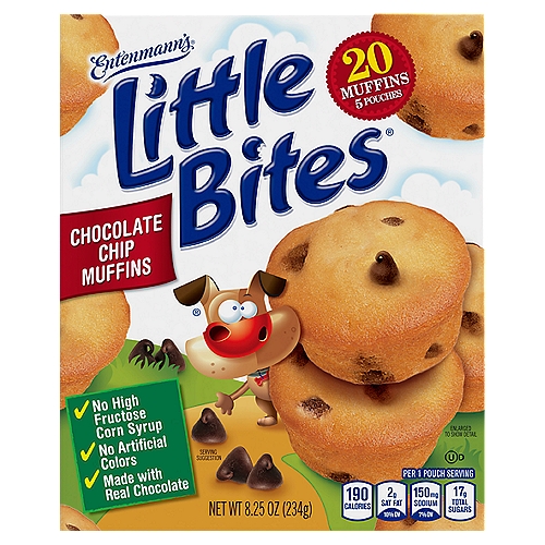 Entenmann's Little Bites Chocolate Chip Muffins, 20 count, 8.25 oz
Perfect for when you're on the go. Made with Real Chocolate, No High Fructose Corn Syrup and No Artificial Colors.