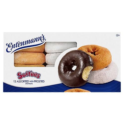 Entenmann's Soft'ees Donuts, 12 count, 4.5 oz
12 assorted extra soft donuts: Rich Frosted coated, powdered, and plain