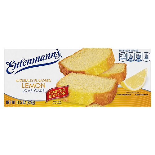 Entenmann's Lemon Loaf Cake Limited Edition, 11.5 oz
Fresh Lemon Flavor makes this loaf cake perfect as a snack or light dessert.