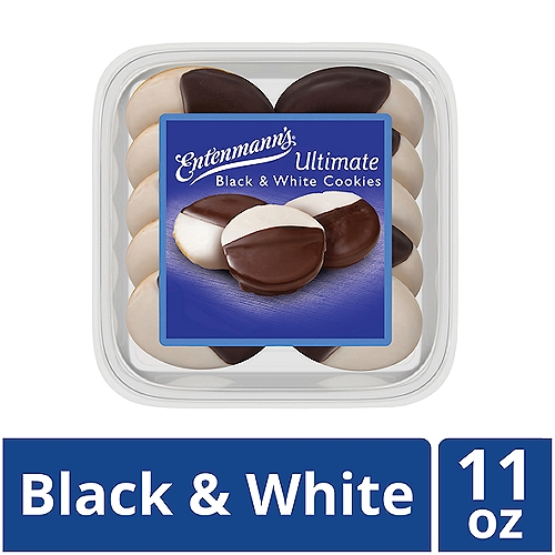 Entenmann's Ultimate Black & White Cookies bring together the perfect combination of chocolate and vanilla icing on top of a soft and fluffy golden cookie. They come ten to a box and are sized just right for your coffee break or dessert. They also go great with a cup of tea or a cold glass of milk. Great idea for brunch, snack time or any time.
