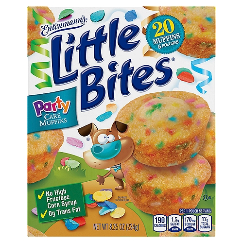Entenmann's Little Bites Party Cake Muffins, 20 count, 8.25 oz
Delicious & festive mini party cake muffins are made without high fructose corn syrup and 0g trans fat.