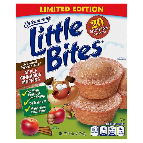 Entenmann's Little Bites Seasonal Favorites Apple Cinnamon Muffins, 20 count, 8.25 oz
These mini muffins are baked soft and moist, made with less than 200 calories per pouch, no high fructose corn syrup, and 0g trans-fat providing the yummy taste kids love and the excellent choice that parents want.