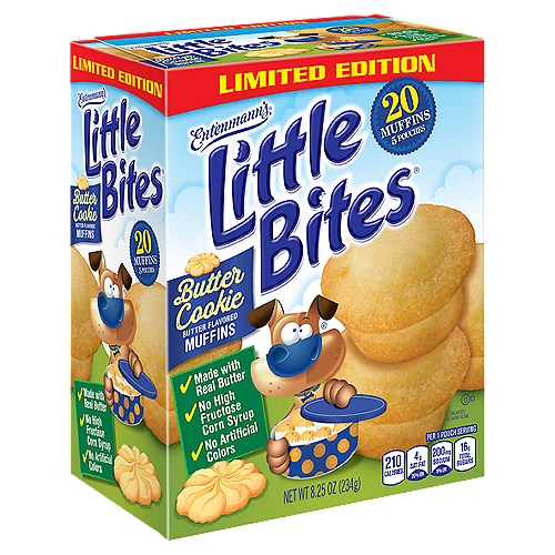Entenmann's Little Bites Butter Cookie Flavored muffins made with real butter and no high fructose corn syrup is an exciting, new Limited Edition variety to remind you of the classic butter cookie. Perfectly portioned in a pouch with five pouches in a box, it is the perfect snack in one awesome variety. 
