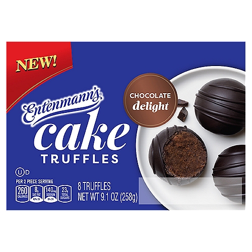 Entenmann's Chocolate Delight Cake Truffles, 8 count, 9.1 oz
Entenmann's Chocolate Delight Cake Truffles are deliciously decadent, bite-sized cakes covered with a layer of silky, smooth chocolatey coating for a lavish taste experience that will delight your taste buds. Elevate the everyday moments with these decadently rich, perfectly portioned and irresistibly indulgent treasures, and celebrate yourself every day.