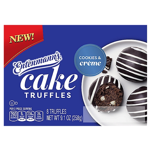 Entenmann's Cookies & Crème Cake Truffles, 8 count, 9.1 oz
Entenmann's Cookies & Crème Cake Truffles are deliciously decadent, bite-sized cakes filled with creamy white chocolate morsels and covered with a layer of silky, smooth chocolatey coating for a lavish taste experience your tastebuds will never forget. Elevate the everyday moments with these decadently rich, perfectly portioned and irresistibly indulgent treasures, and celebrate yourself every day.