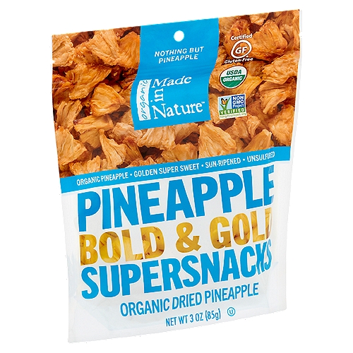 Made in Nature Organic Dried Pineapple Bold & Gold Supersnacks, 3 oz
Un-Spiked Punch
Nature made pineapples prickly for a reason. It figured, ''hey, if I'm making something this juicy and delicious, people should have to work for it.'' Fair enough. But for those of you who'd rather skip the spikes, we peel and slice our plump, punchy organic pineapple so it doesn't bite back.
Each piece is a killer balance of naturally sweet and tart flavors that deserve to speak for themselves. That's why we never add anything to these babies. Frankly, we see no need to mess with perfection—especially on a fruit that's born with armor and likes to fight.