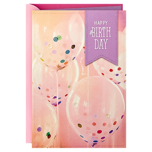 Hallmark Happy Birthday Card
Hope your day is filled with little moments that make you feel remembered, celebrated, and loved for who you are-- and that's someone very special.

Wish your mom, sister, or friend a day full of all the very best things with this attractive birthday card featuring glitter accents. Thoughtful sentiment inside is sure to make any birthday girl's celebration that much happier. The Hallmark brand is widely recognized as the very best for greeting cards, gift wrap, and more. For more than 100 years, Hallmark has been helping its customers make everyday moments more beautiful and celebrations more joyful.

birthday cards, for her, for women, niece, daughter, mom, sister, friend, coworker, feminine, birthday gifts, wrapping paper, gift bags, pink, girls, american greetings