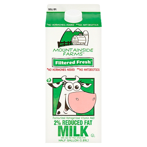 Mountainside Farms Filtered Fresh 2% Reduced Fat Milk, half gallon
Filtered Fresh™ Process
Advanced filtration
Fresh pasteurization
- The Result -
Milk that stays fresh longer, with a better, cleaner taste.

In addition to pasteurization, we purify our milk even further with advanced filtration and clarification technology. These clarifiers remove bacteria, and that makes our milk stay fresh longer, with a better, cleaner taste.

We believe Mountainside Farms is the purest milk available:
Filtered Fresh™ - In additional to pasteurization, we use advanced filtration and clarification technology to improve the purity of our milk. This allows us to deliver a product with improved taste and longer shelf life.

*No Hormones Added - Our milk is produced from cows not treated with rBST. The FDA has found no significant difference between milk derived from rBST-treated and non-rBST-treated cows.

**No Antibiotics - We test each shipment of milk to ensure there is no antibiotic residue in any of the milk we bottle. Specifically, we test for the presence of eight different antibiotics. These include the beta-lactum, tetracycline, and sulfanamides families of antibiotics. This goes beyond what State and Federal regulations require.