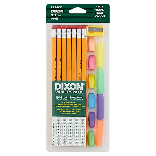 Dixon No.2 Pencils, Eraser Toppers, Pencil Grips, Pencil Sharpener Variety Pack, 25 count