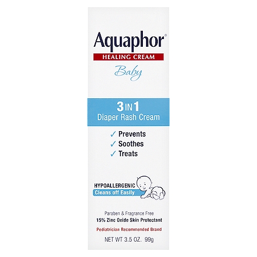 Aquaphor Baby 3 in 1 Diaper Rash Healing Cream, 3.5 oz
Parents agree*
✓ 96% is gentle on baby's skin
✓ 95% provides protection all night long
✓ 95% product spreads easily
*in a study with 165 babies

Uses
• helps treat and prevent diaper rash
• protects chafed skin associated with diaper rash and helps protect from wetness

Drug Facts
Active ingredient - Purpose
Zinc Oxide 15.0% - Skin protectant