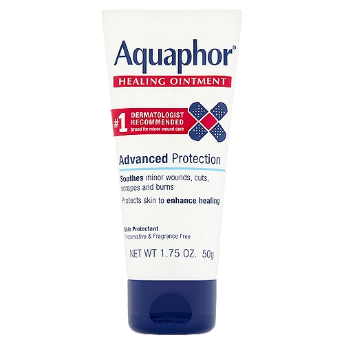 Aquaphor Advanced Protection Healing Ointment, 1.75 oz
Aquaphor Healing Ointment® protects the skin to enhance the natural healing process and help prevent external irritants from reaching the wound.

Drug Facts
Active ingredient - Purpose
Petrolatum (41%) - Skin protectant (ointment)

Uses
• temporarily protects minor:
• cuts
• scrapes
• burns
• temporarily protects and helps relieve chapped or cracked skin and lips
• helps protect from the drying effects of wind and cold weather