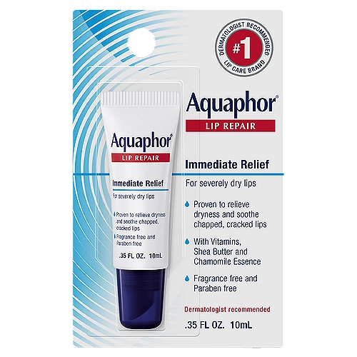 Aquaphor Immediate Relief Lip Repair, .35 fl oznAquaphor® Lip Repair immediately relieves dryness and soothes chapped, cracked lips. It provides effective, long-lasting moisture, so lips look and feel healthier. Formulated with a special combination of nourishing vitamins (C, E, provitamin B5), moisturizers, shea butter, and soothing chamomile essence, Aquaphor leaves lips feeling soft and comfortable.