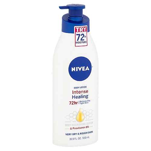 Nivea Intense Healing Body Lotion, 16.9 fl oz
Transform very dry and rough skin into intensively moisturized and noticeably smoother skin for 72 hours.
• Nivea® Intense Healing is infused with Deep Nourishing Serum & provitamin B5.
• The non-greasy formula relieves dry, tight skin for 72 hours.
• Intensively moisturizes and soothes dry rough skin, after just 1 application.
• Leaves skin soft and smooth.

With Deep Nourishing Serum
The formula leaves skin noticeably softer and provides 72 hours deep nourishing moisture within the skin's surface.