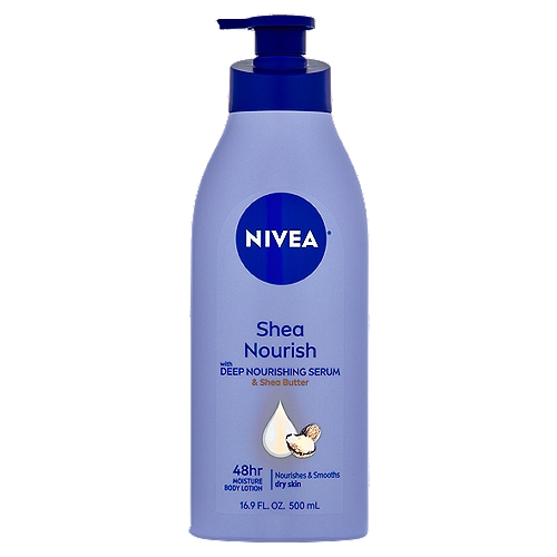 Transform dry skin into intensively moisturized and noticeably smoother skin for 48 hours.nn• Nivea® Shea Nourish is infused with Deep Nourishing Serum and natural shea butter.n• Lightweight lotion intensively moisturizes for 48 hours.n• Gently melts into skin leaving it soft and smooth.nnWith Deep Nourishing SerumnThe formula leaves skin noticeably softer and provides 48 hours deep nourishing moisture within the skin's surface.