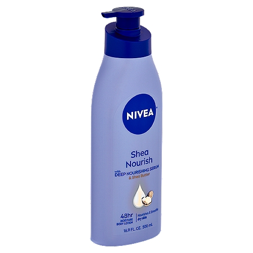 Nivea Dry Skin Shea Butter Daily Moisture Body Lotion, 16.9 fl oz
Transform dry skin into intensively moisturized and noticeably smoother skin for 48 hours.
• Nivea® Shea Daily Moisture is infused with deep moisture serum and natural Shea Butter.
• Lightweight lotion intensively moisturizes for 48 hours.
• Gently melts into skin leaving it silky and smooth, after just 1 application.

With deep moisture serum
The formula locks in moisture & gives noticeably smoother skin for 48 hours.