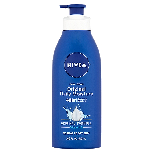 Nivea Original Daily Moisture Body Lotion, 16.9 fl oz
Transform normal to dry skin into intensively moisturized and noticeably smoother skin for 48 hours.
• Nivea® Original Daily Moisture is a creamy formula that softens and smoothes normal to dry skin.
• Enriched with vitamin E, it intensively moisturizes for 48 hours, after just 1 application.