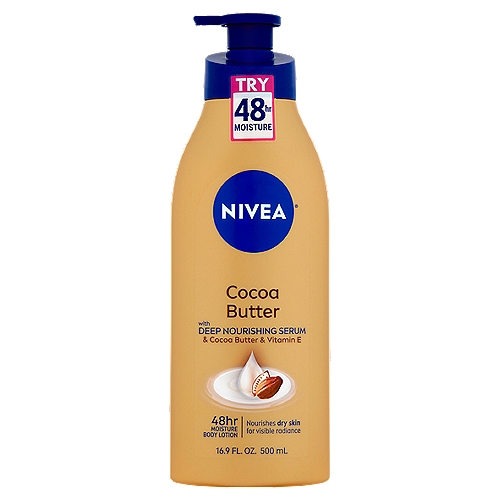 Nivea Cocoa Butter Body Lotion, 16.9 fl oz
Transform dry to very dry skin into intensively moisturized and noticeably smoother skin for 48 hours.
• Nivea® Cocoa Butter is infused with deep moisture serum, cocoa butter and vitamin E.
• It provides moisture and smoothes away dullness for 48 hours leaving your skin nicely fragranced with a scent of cocoa butter, after just 1 application.

With Deep Moisture Serum
The formula locks in moisture & gives noticeably smoother skin for 48 hours.