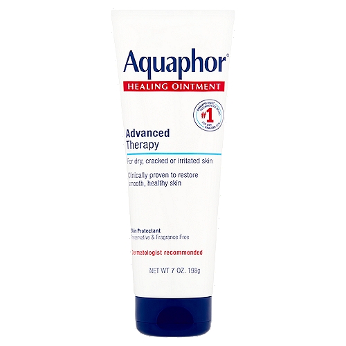 Aquaphor Advanced Therapy Healing Ointment, 7 oznOne Essential Solution for Many Skin Care NeedsnDry, Cracked Skin, Dry Hands & Cuticles, Cracked Hells & Feet, Chapped Lips, Minor Cuts & Scrapes, Friction & Minor Burns, Diaper Rush, Drool RashnnDrug FactsnActive ingredient - PurposenPetrolatum (41%) - Skin protectant (ointment) treatment or prevention of diaper rashnnUsesn• Temporarily protects minor:n• cuts • scrapes • burnsn• Temporarily protects and helps relieve chapped or cracked skin and lipsn• Helps protect from the drying effects of wind and cold weathern• Helps treat and prevent diaper rashn• Protects chafed skin associated with diaper rash and helps protect from wetness