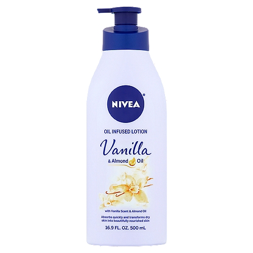 Nivea Vanilla & Almond Oil Infused Lotion, 16.9 fl oz
Would you like to experience the indulging care of an oil infused lotion?
Try Nivea® Body Lotion Infused with Vanilla Scent & Almond Oil
• Almond oil carefully blended in a fast absorbing lotion
• Take a moment to relax your senses with a gentle vanilla scent
• For 24hr+ deep moisture with no greasy feeling
• Transforms dry skin into smooth, radiant skin