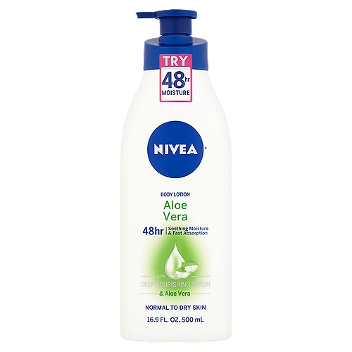 Give your skin fast absorbing and soothing moisturization and make it noticeably smoother for 48 hours.n• Nivea® Aloe Vera Body Lotion is infused with Nivea Deep Nourishing Serum and Aloe Vera.n• It absorbs immediately and leaves your skin soft, refreshed and pleasantly fragranced-after just 1 application.nnWith Deep Nourishing SerumnThe formula leaves skin noticeably softer and provides 48 hours deep nourishing moisture within the skin's surface.