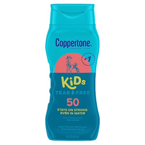 Coppertone Kids Tear Free Broad Spectrum Sunscreen Lotion, SPF 50, 8 fl oz
Drug Facts
Active ingredients - Purpose
Octinoxate 7.5%, octisalate 5%, zinc oxide 14.5% - Sunscreen

Uses
■ helps prevent sunburn
■ If used as directed with other sun protection measures (see Directions), decreases the risk of skin cancer and early skin aging caused by the sun