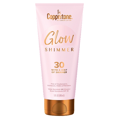 Coppertone Glow Shimmer Broad Spectrum Sunscreen Lotion, SPF 30, 5 fl oz
Broad spectrum UVA/UVB protection with an illuminating shimmer.

Drug Facts
Active ingredients - Purpose
Avobenzone 3%, homosalate 9%, octisalate 4.5%, octocrylene 8% - Sunscreen

Uses
■ helps prevent sunburn
■ if used as directed with other sun protection measures ( see directions), decreases the risk of skin cancer and early skin aging caused by the sun.