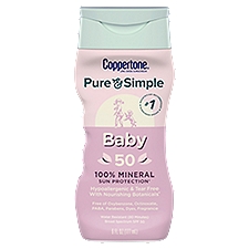 Coppertone Pure & Simple Baby Broad Spectrum SPF 50, Zinc Oxide Sunscreen, 6 Fluid ounce
