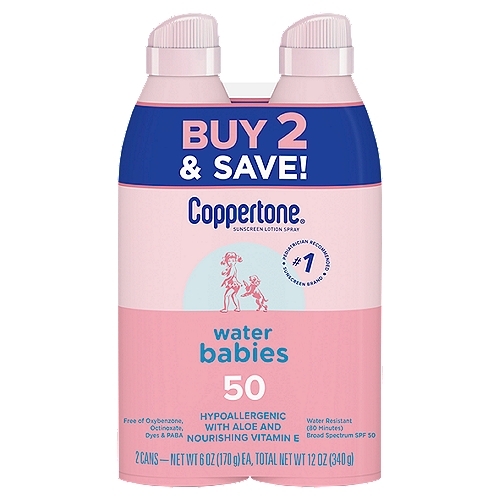 Coppertone Water Babies Broad Spectrum Sunscreen Lotion Spray, SPF 50, 6 oz, 2 count
Broad spectrum UVA/UVB protection that is specially formulated to be gentle on baby's delicate skin.

Drug Facts
Active ingredients - Purpose
(to deliver) Avobenzone 3%, homosalate 9%, octisalate 4.5%, octocrylene 9% - Sunscreen

Use
■ helps prevent sunburn