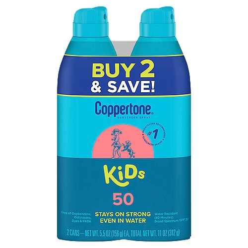 Coppertone Kids Broad Spectrum Sunscreen Spray, SPF 50, 5.5 oz, 2 count
Broad spectrum UVA/UVB protection in a durable formula that keeps up with active kids.

Drug Facts
Active ingredients - Purpose
(To deliver) Avobenzone 3%, homosalate 10%, octinoxate 5%, octocrylene 5% - Sunscreen

Use
■ helps prevent sunburn