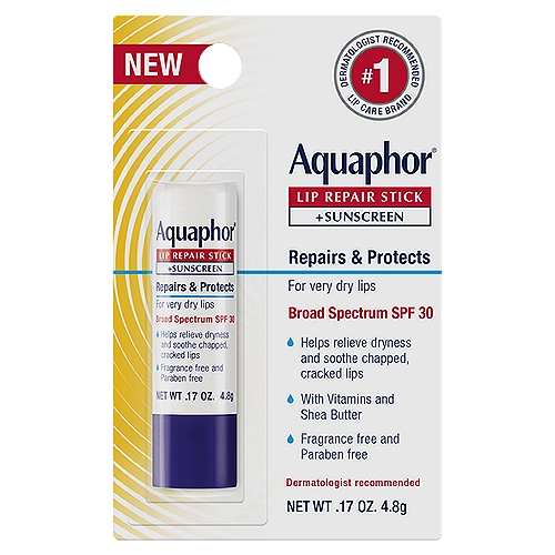 Aquaphor Broad Spectrum Lip Repair Stick + Sunscreen, SPF 30, .17 oz
Drug Facts
Active ingredients - Purpose
Avobenzone 3% - Sunscreen
Homosalate 9% - Sunscreen
Octisalate 4.5% - Sunscreen
Octocrylene 9% - Sunscreen

Uses
• helps prevent sunburn
• if used as directed with other sun protection measures (see directions), decreases the risk of skin cancer and early skin aging caused by the sun.

