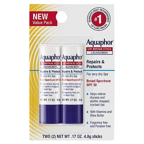 Aquaphor Broad Spectrum Lip Repair Stick + Sunscreen Value Pack, SPF 30, .17 oz, 2 count
Drug Facts
Active ingredients - Purpose
Petrolatum 31.0% - Skin protectant
Avobenzone 3.0%, octinoxate 6.75%, octisalate 4.5%, octocrylene 2.0%, oxybenzone 5.4% - Sunscreen

Uses
• temporarily protects and helps relieve chapped or cracked lips
• helps protect lips from the drying effects of wind and cold weather
• helps prevent sunburn
• if used as directed with other sun protection measures (see directions), decreases the risk of skin cancer and early skin aging caused by the sun.