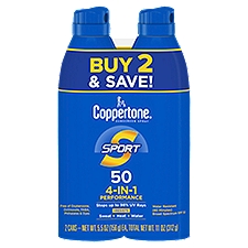 Coppertone Sport 4-in-1 Performance Broad Spectrum Sunscreen Spray, SPF 50, 5.5 oz, 2 count