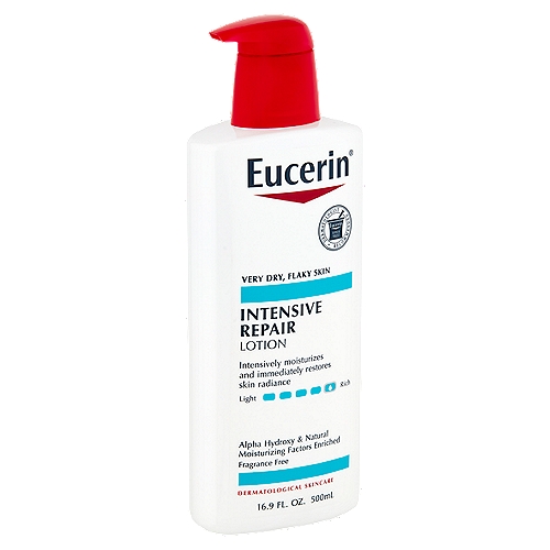 Eucerin Intensive Repair Lotion, 16.9 fl oz
Eucerin® Intensive Repair Lotion - intensively moisturizes, leaving skin looking healthy and radiant
• Alpha hydroxy enriched; gently exfoliates dry, flaky skin and leaves skin radiant
• Enriched with a combination of moisturizing ingredients naturally found in the skin; intensively hydrates to help prevent dryness