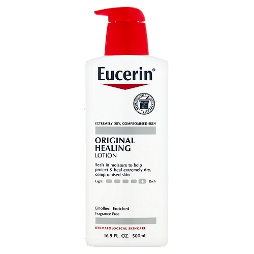 Eucerin® Original Healing Lotion - a long lasting rich formula that helps heal very dry, compromised skinn• Emollient enriched; leaves a soothing layer on skin to lock in moisturen• Moisturizes to protect and help heal very dry, compromised skinn• Won't clog pores